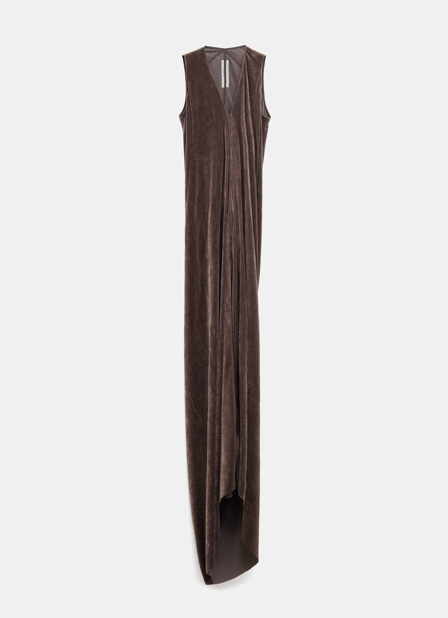 Rick Owens V-Neck Sleeveless Flowy Velvet Gown, Darkdust, Women's, 40 It (4 Us), Evening Formal Gala Gowns Mother of the Bride Groom Sleeveless Gowns
