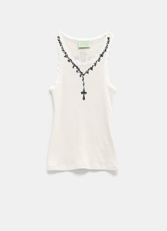 Camiseta de tirantes con encaje y rosario