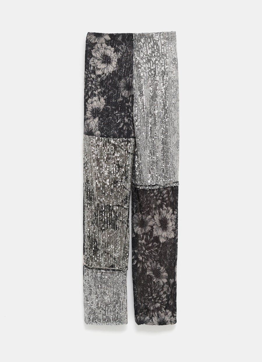 Pantalones patchwork con lentejuelas y estampado floral