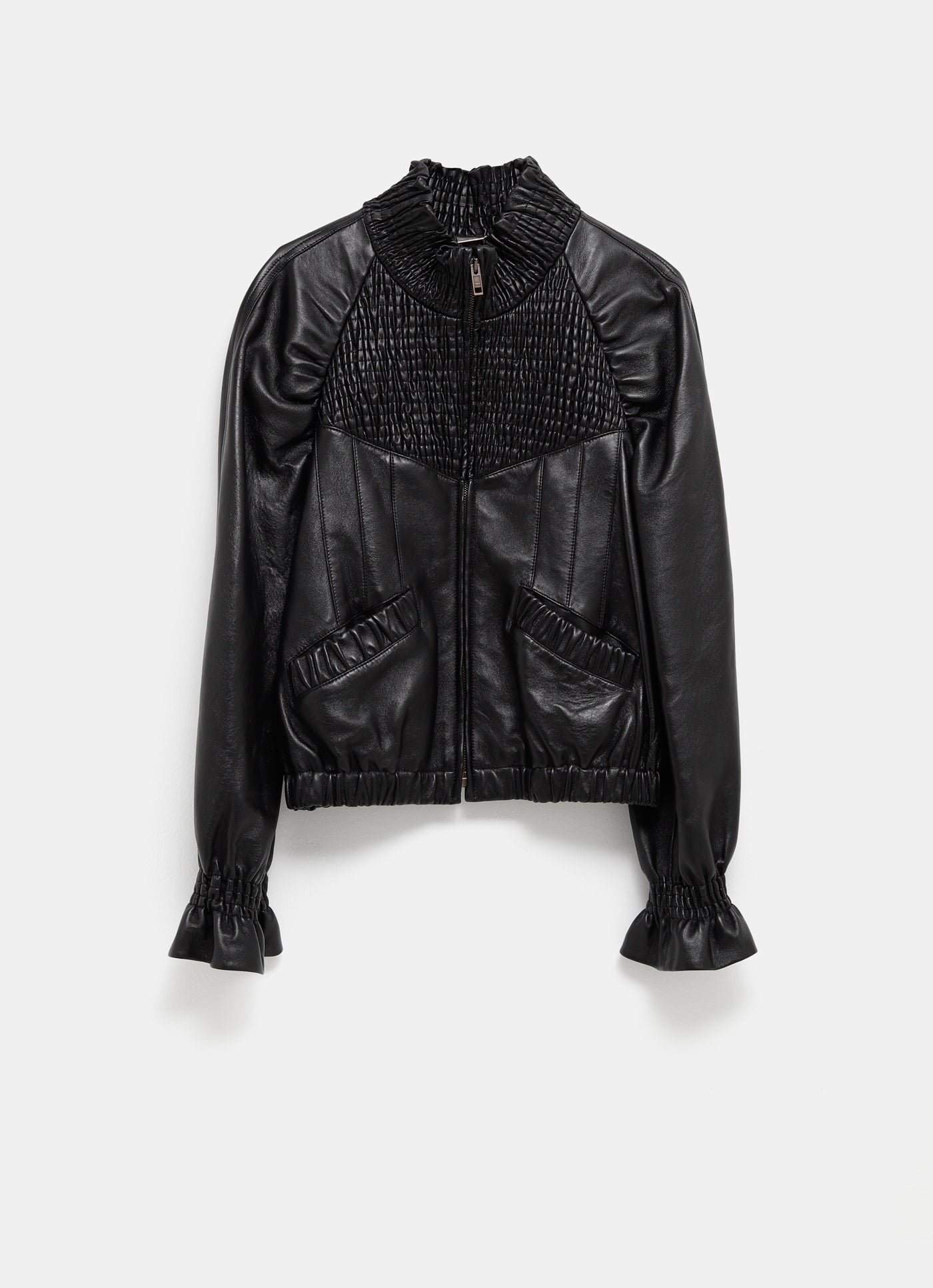 Chaqueta de piel con cuello fruncido