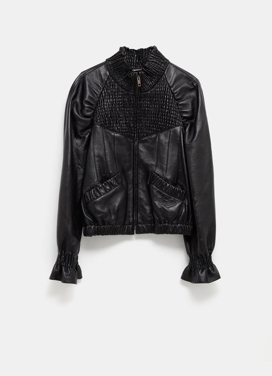 Chaqueta de piel con cuello fruncido